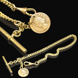 9-3/4" Vintage T-Bar Pocket Watch Chain with Elizabeth Regina Coin Fob
